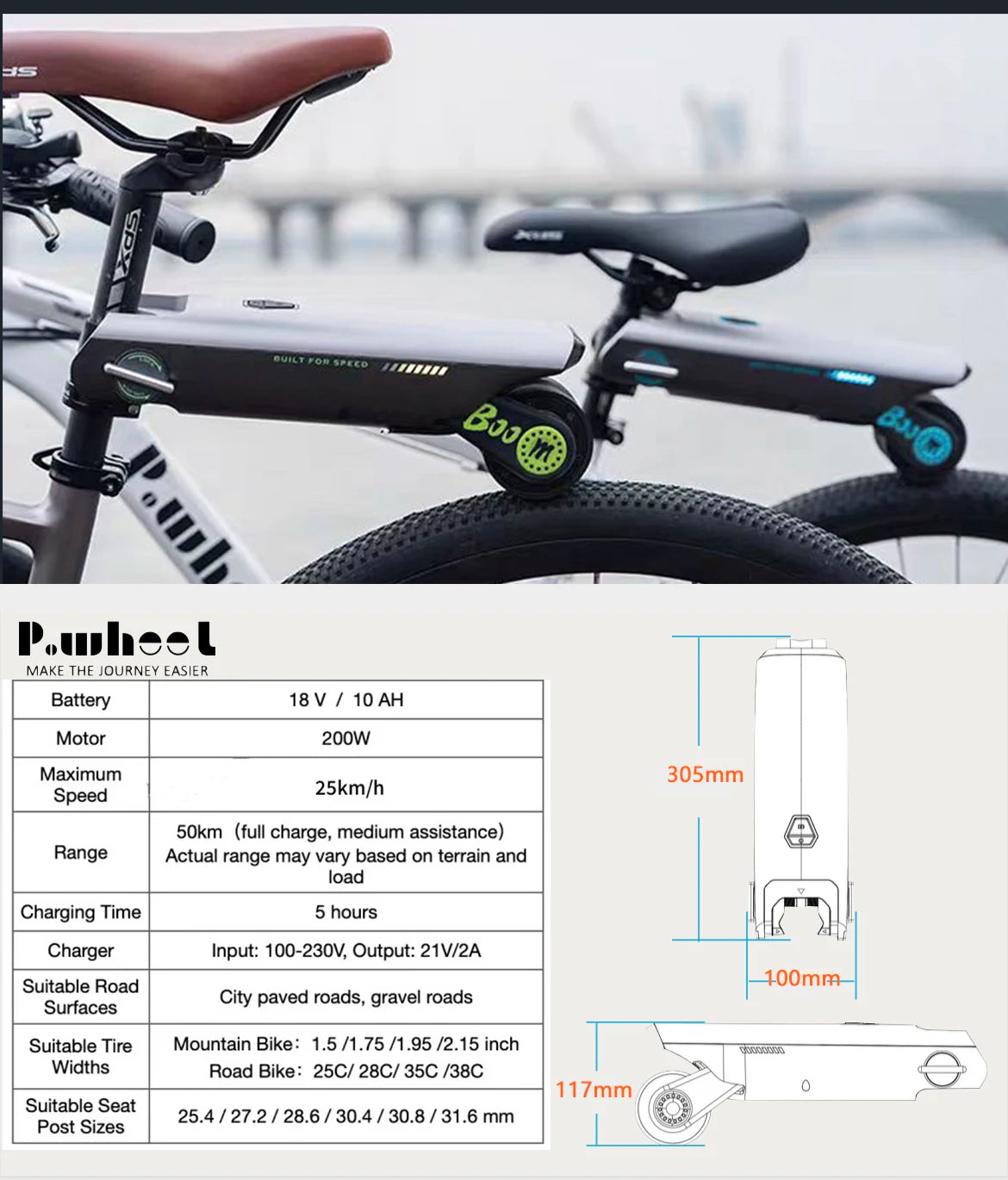 Electric Bike Conversion Kit 31 Miles Range Pedal Assist for Road Bike 18V10AH Chargeable Battery 15.5Mph Tool-Free Installatio