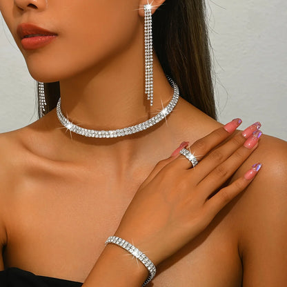 5pcs Luxurious Rhinestone Jewelry Set for Women,Choker, Earrings, Stretch Bracelet & Ring for Weddings, Banquets & Parties