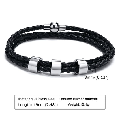 Vnox Free Custom Name Mens Braided Genuine Leather Bracelet Gifts Jewelry,Stainless Steel Beads Charm with Family Names,Dad Gift