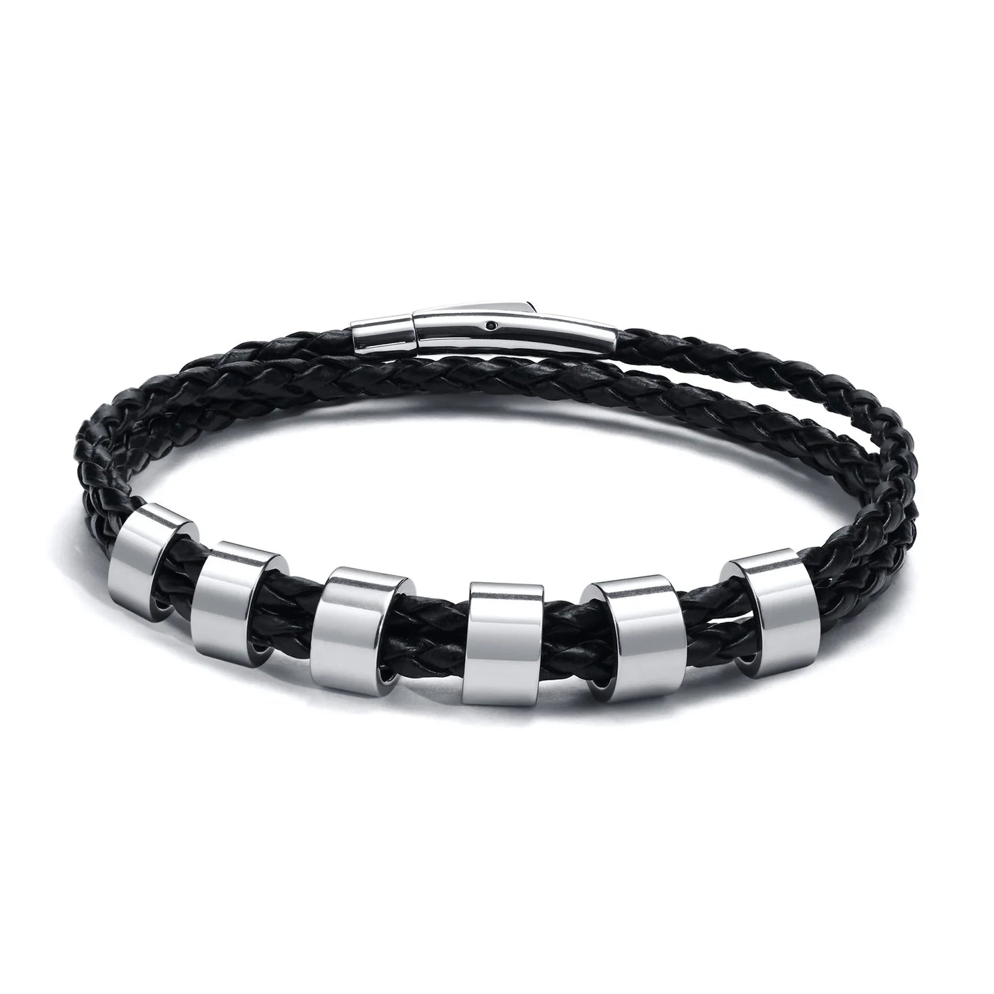 Vnox Free Custom Name Mens Braided Genuine Leather Bracelet Gifts Jewelry,Stainless Steel Beads Charm with Family Names,Dad Gift