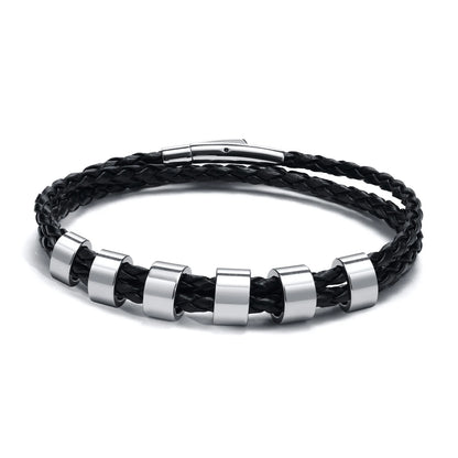Vnox Free Custom Name Mens Braided Genuine Leather Bracelet Gifts Jewelry,Stainless Steel Beads Charm with Family Names,Dad Gift