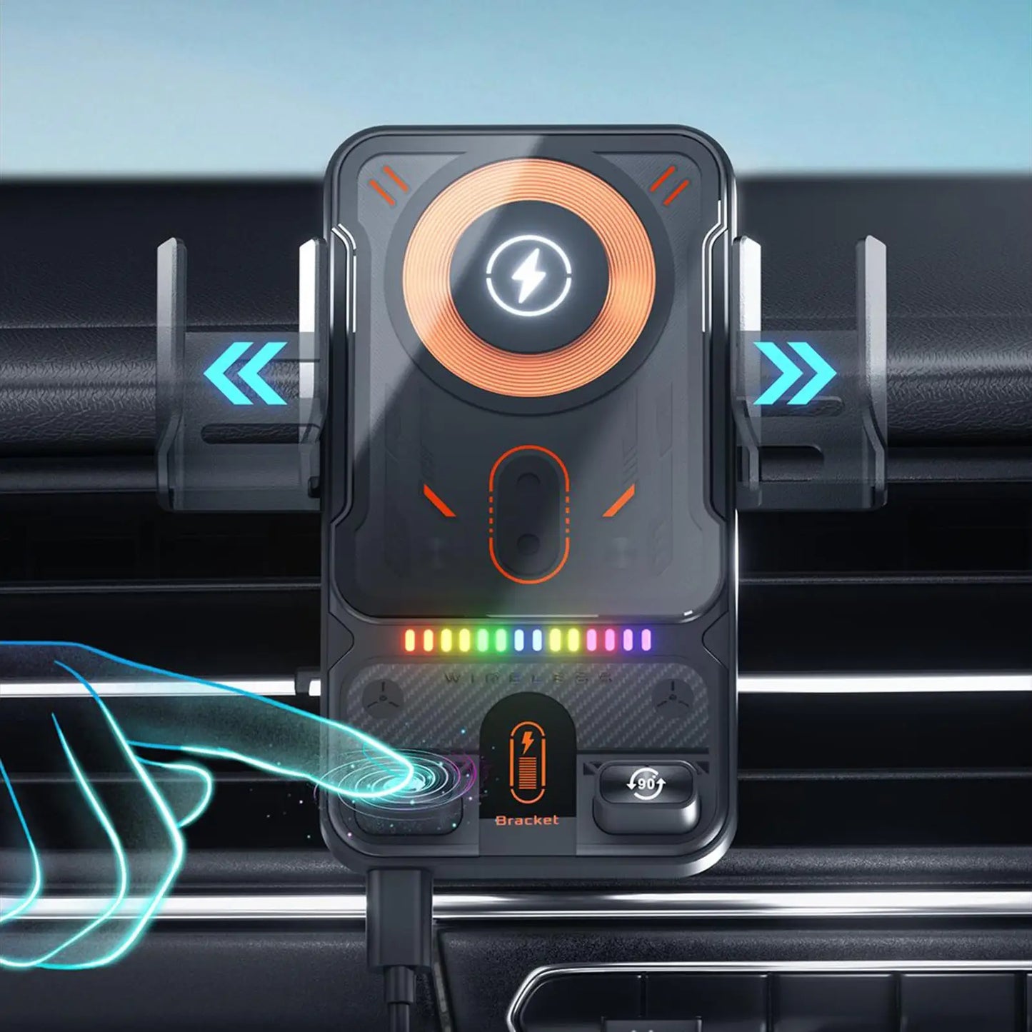 Car Air Vent Electric Rotating Opening Closing Phone Holder Fast Charging 15W Wireless Charger Dua l Coil RGB Light Smart Phones