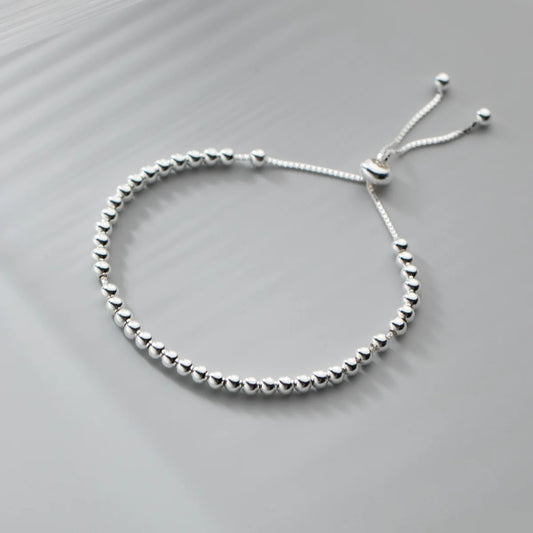 Genuine 925 Sterling Silver 3mm Beaded Bracelet with Adjustable and Minimalist Style Fashion Design Hand Women Jewelry