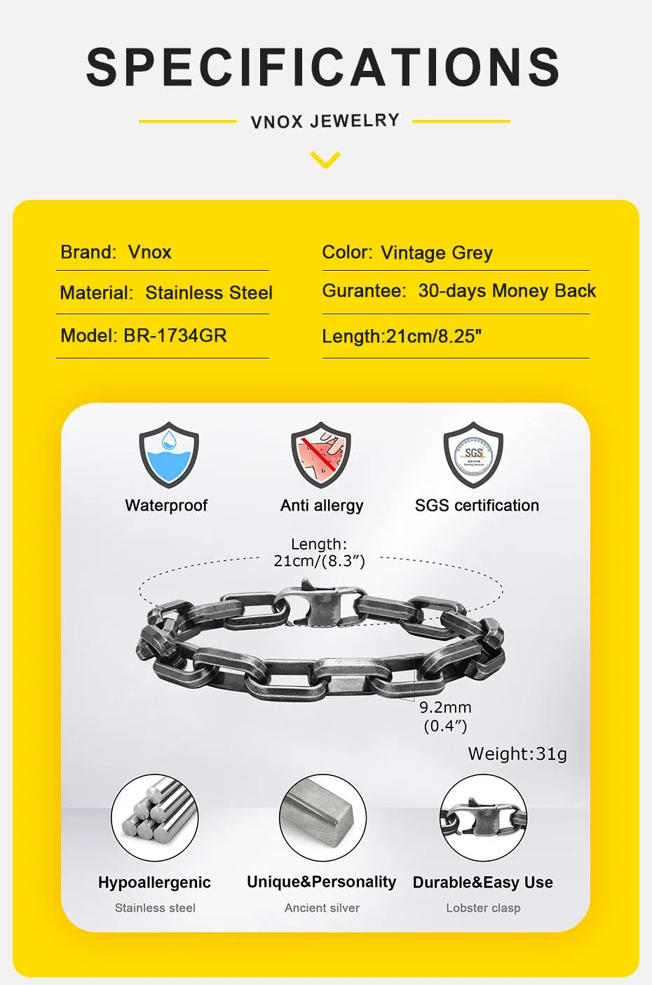Vnox Punk Heavy Rectangular Link Chain Bracelets for Men Teens Boys, Vintage Oxidized Paperclip Chain Wristband, Chunky Jewelry