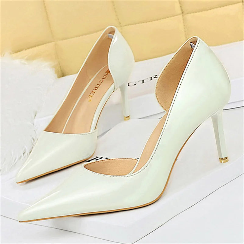 Women 7.5cm 10.5cm High Heels Yellow Pumps Office Stiletto Wedding Bridal Scarpins Short Heels Lady Hollow Party Shoes
