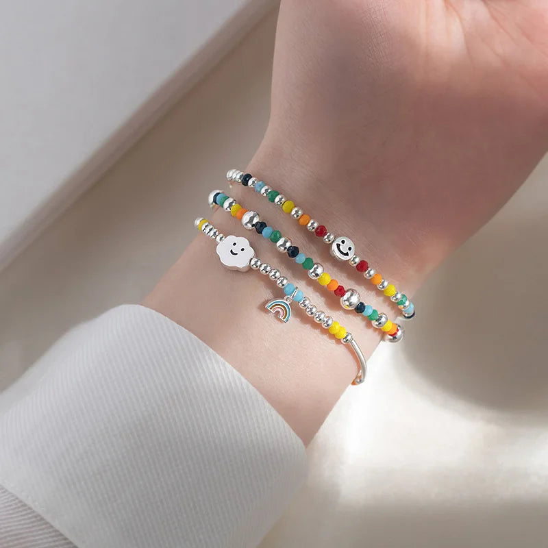 925 Sterling Silver Bracelet Wholesale Colored Hand Beads Smiling Face Rainbow Cloud Love Little Bear Beads Handicraft Gift