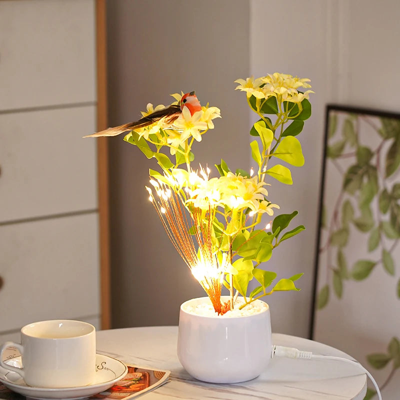 LED Flower and Bird Potted Lamp, Artificial Flower Table Lights, for Camping Gift Living Room Bedroom Mother Home Decor Lamp