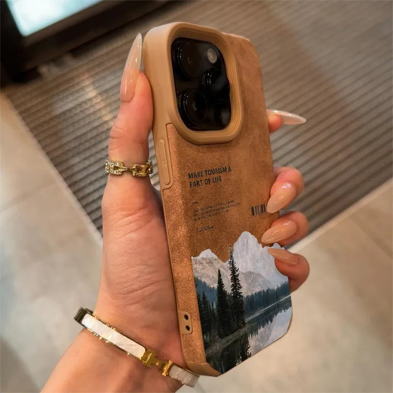 For iPhone 17 16 Pro Max 15 14 13 12 11 Case Mountain Motif Lake Scenery Cover For iPhone XS Max XR X 16 Plus Faux Leather Funda