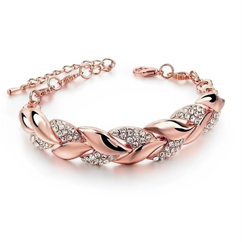 Luxury Braided Leaf Bracelet with Crystal Charm - Elegant Gift for Women | Wedding, Anniversary & Valentine's Day Jewelry