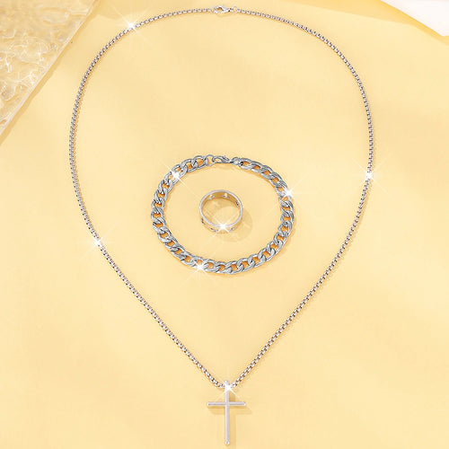 Men's 3pcs Fashion Alloy Jewelry Set - Cross Pendant Necklace,
