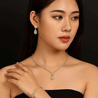 Vintage Luxury Bridal Jewelry Set Elegant Exquisite Necklace Earring Set Temperament Zircon Rhinestone Bracelet Wedding