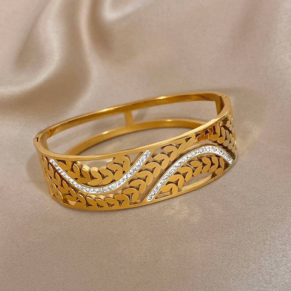 Greatera Wide Bracelet Half a Circle of Hollowed-out Entwined Branches White Rhinestone Chunky Stainless Steel Women's Bangles