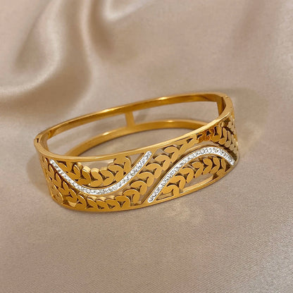 Greatera Wide Bracelet Half a Circle of Hollowed-out Entwined Branches White Rhinestone Chunky Stainless Steel Women's Bangles