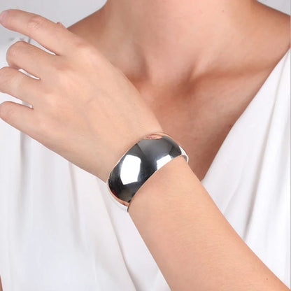 Simple Glossy Talisman 925 Silver Bracelet Women's Ethnic Style Fashion Wide Bracelet Open Stacked Jewelry