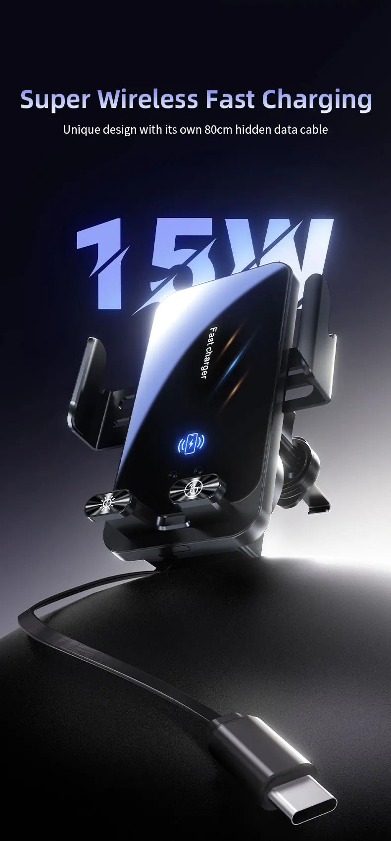 Magnetic Charger 15W Wireless Car Phone Holder with Cable Fast Charging Infrared Sensing Car Mount for iPhone Android