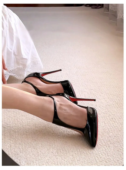 New T-shaped hollow high heels with toe caps, sandals with thin heels and pointed hollow out shallow mouth single shoes