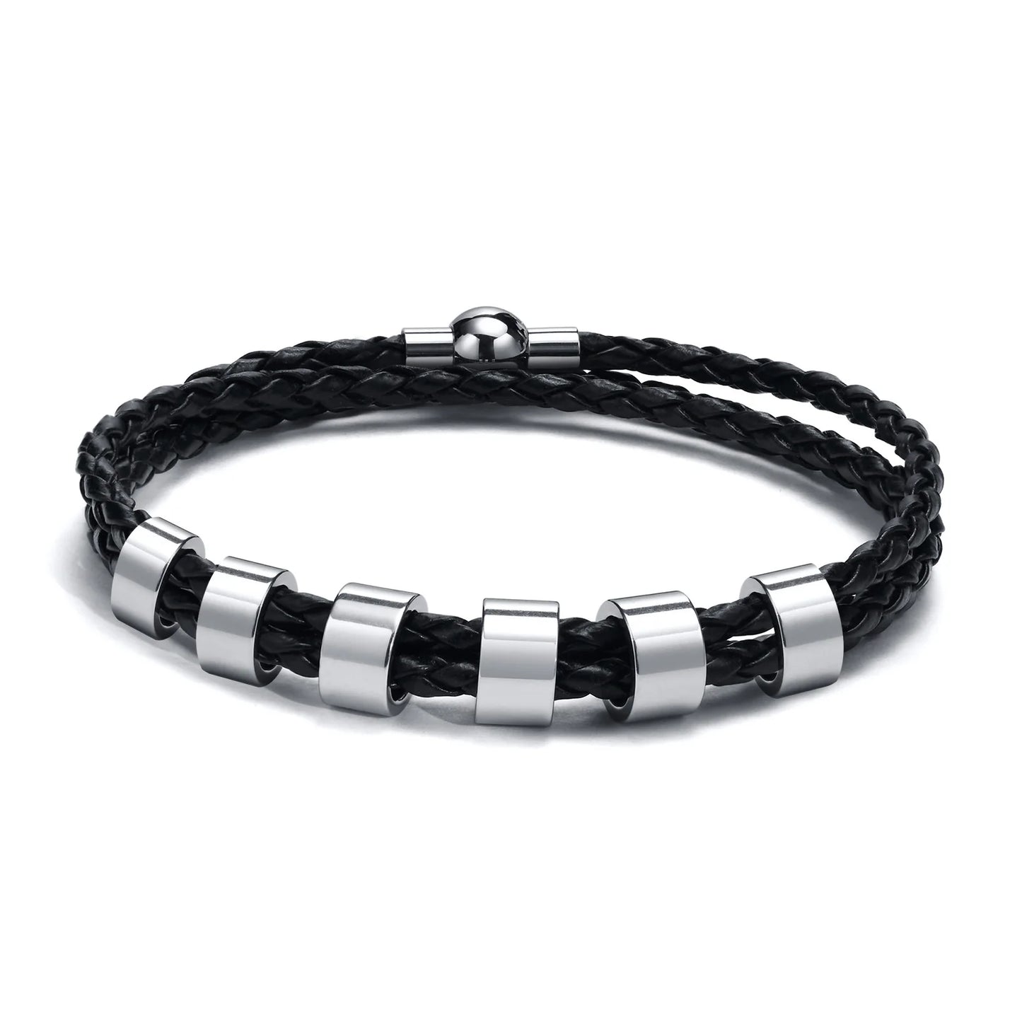 Vnox Free Custom Name Mens Braided Genuine Leather Bracelet Gifts Jewelry,Stainless Steel Beads Charm with Family Names,Dad Gift