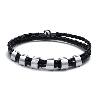 Vnox Free Custom Name Mens Braided Genuine Leather Bracelet Gifts Jewelry,Stainless Steel Beads Charm with Family Names,Dad Gift