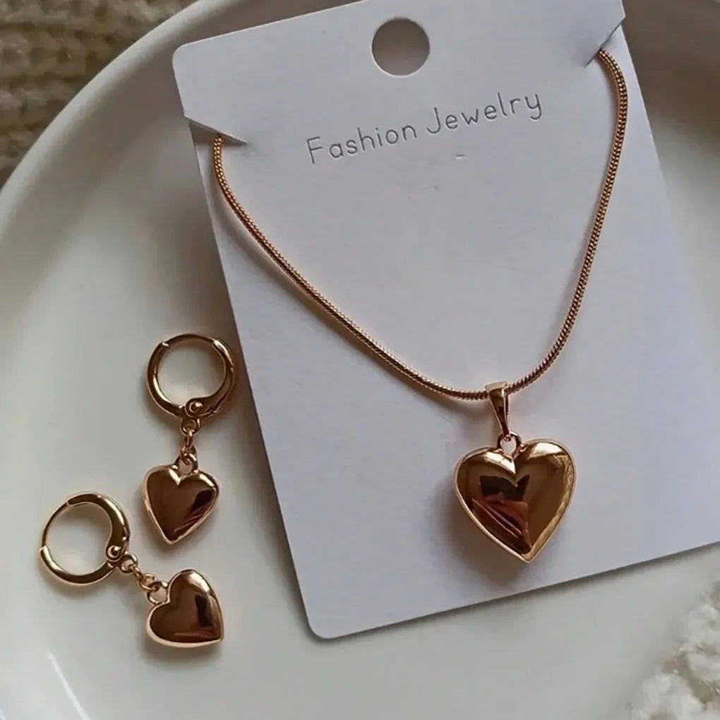 Glossy Gold Plated Metal Love Heart Dangle Earrings Necklace Jewelry Set for Women Simple Dainty Daily Wear Outfit Accessories