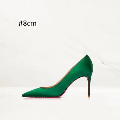 2025 Winter New High-heeled Shoes for Women, Green, Real Silk Satin, Thin Heel, Pointed Toe,Elegant,12cm,Single Shoes for Ladies