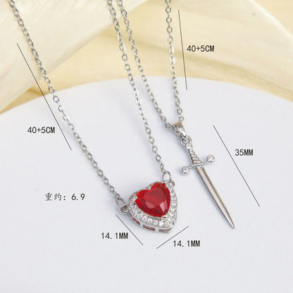 Heart and Sword Necklace Couple Necklaces Zircon Crystal Ring Bracelet Necklace Jewelry Set for Romantic Valentine's Day Gifts