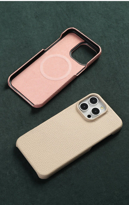 for Magsafe Case for iPhone 17 15 16 Pro Max Air 17Pro Natural Cowhide Lychee Leather Magnetic Protector Luxury Phone Back Cover