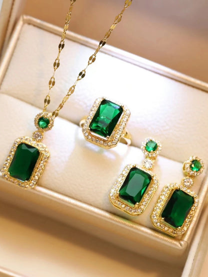 4 pieces of women's fashionable square jewelry necklace with earrings, ring set, banquet party, birthday gift accessories