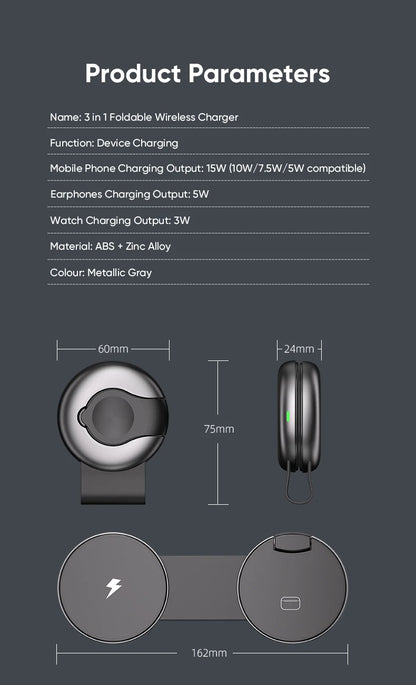 3-in-1 Foldable Magnetic Wireless Charger, 15W Fast Charging, Multi-function Wireless Charging for IPhone, IWatch, Earphones