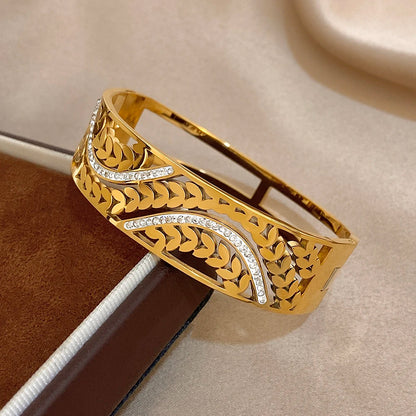 Greatera Wide Bracelet Half a Circle of Hollowed-out Entwined Branches White Rhinestone Chunky Stainless Steel Women's Bangles