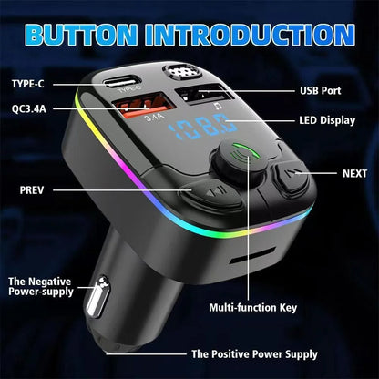 Car Charger FM Transmitter Bluetooth 5.0 PD Type-C Dual USB Ambient Player Handsfree MP3 Charger Type-C Wireless Light