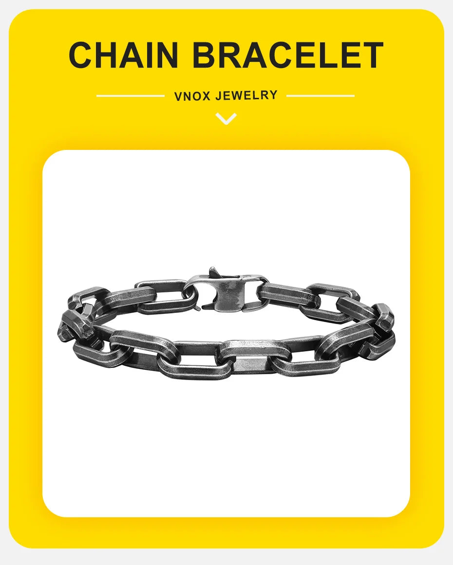 Vnox Punk Heavy Rectangular Link Chain Bracelets for Men Teens Boys, Vintage Oxidized Paperclip Chain Wristband, Chunky Jewelry