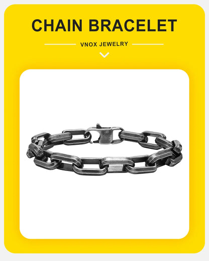 Vnox Punk Heavy Rectangular Link Chain Bracelets for Men Teens Boys, Vintage Oxidized Paperclip Chain Wristband, Chunky Jewelry