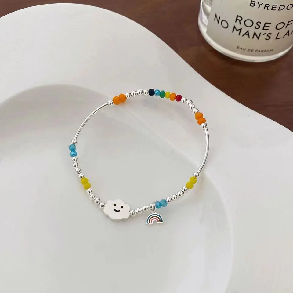925 Sterling Silver Bracelet Wholesale Colored Hand Beads Smiling Face Rainbow Cloud Love Little Bear Beads Handicraft Gift