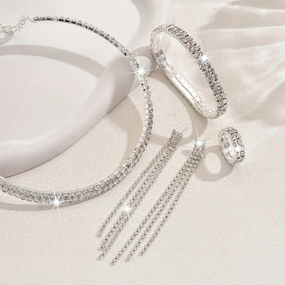 5pcs Luxurious Rhinestone Jewelry Set for Women,Choker, Earrings, Stretch Bracelet & Ring for Weddings, Banquets & Parties