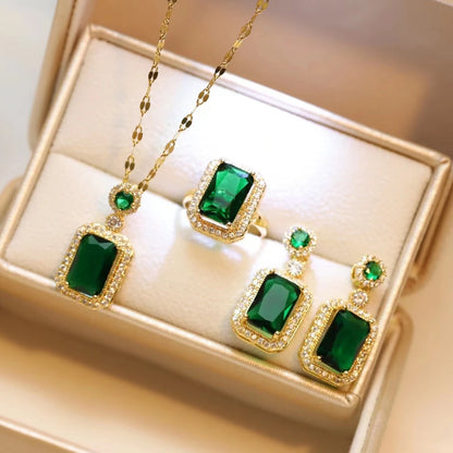4 pieces of women's fashionable square jewelry necklace with earrings, ring set, banquet party, birthday gift accessories
