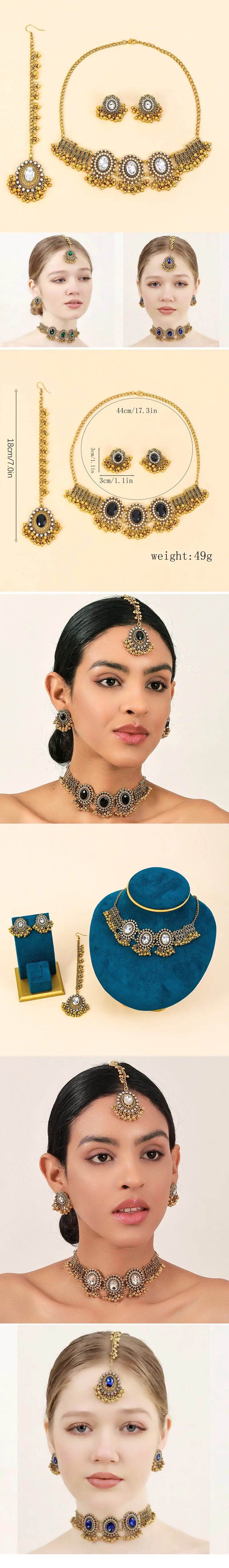 Ethnic Jewelry Set Glasses Stone Jewelry Sets Hollow Metal Pendant Necklace Earrings Headchain Set For Women Jewelry Gifts