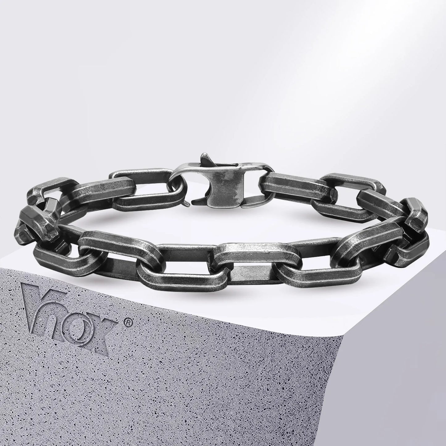 Vnox Punk Heavy Rectangular Link Chain Bracelets for Men Teens Boys, Vintage Oxidized Paperclip Chain Wristband, Chunky Jewelry