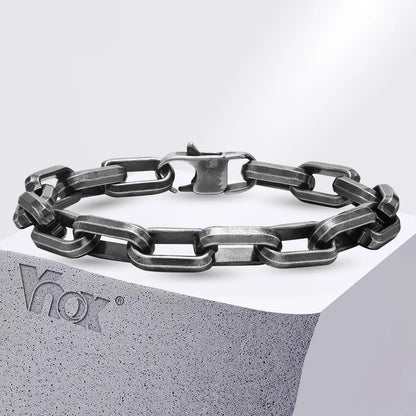 Vnox Punk Heavy Rectangular Link Chain Bracelets for Men Teens Boys, Vintage Oxidized Paperclip Chain Wristband, Chunky Jewelry