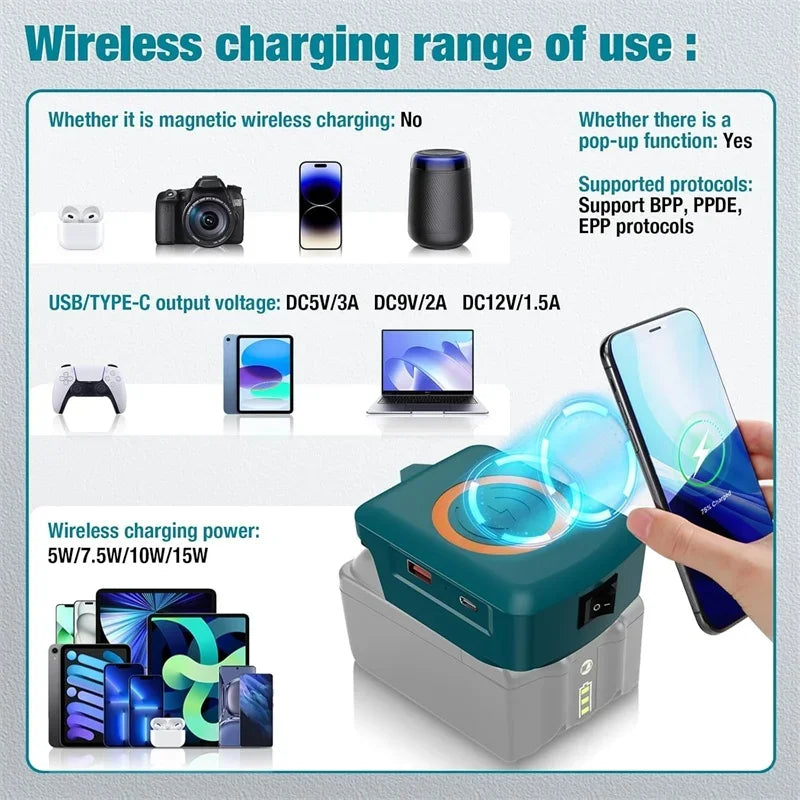 Wireless Charger Adapter for Dewalt 20V Battery,15W Max Wireless Charging Adapter with Type C &USB 2.1A Fast Charge Ports