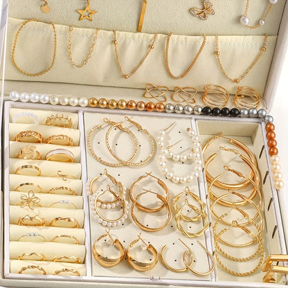 92Pcs Women's Fashion Jewelry Set Contain Hoop Earrings、Stud Earrings、Bracelet、Necklace and Ring，Versatile Daily Jewelry