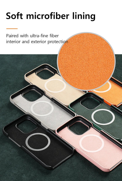 for Magsafe Case for iPhone 17 15 16 Pro Max Air 17Pro Natural Cowhide Lychee Leather Magnetic Protector Luxury Phone Back Cover