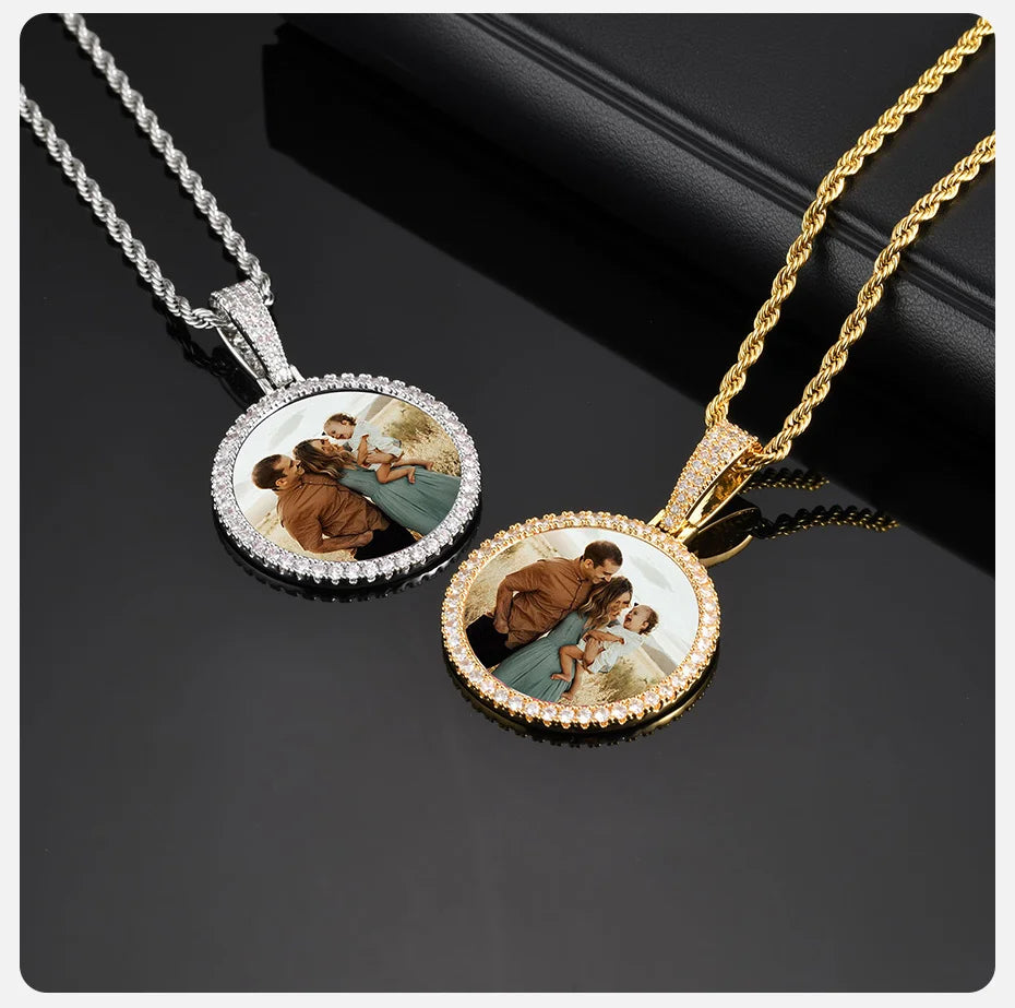 Vnox Free Custom Round Photo Frame Necklaces Gift for Women Men,Big Coin Pendant Zircon Stone Circle,Family Picture Gift to Dad