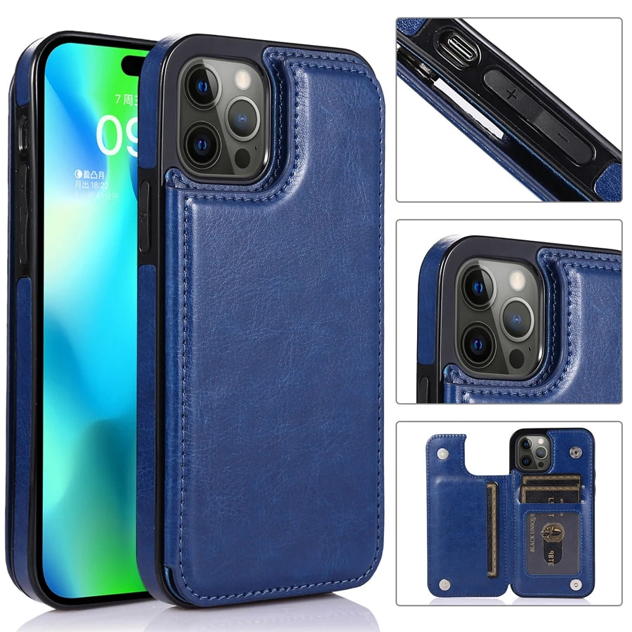 Wallet Double Button With Card Slot Stand Flip Leather Case For iPhone 16e 16 Pro Max 15 Plus 14 13 12 Mini 11 SE3 SE2 X XR 8 7