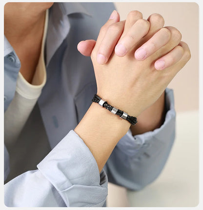 Vnox Free Custom Name Mens Braided Genuine Leather Bracelet Gifts Jewelry,Stainless Steel Beads Charm with Family Names,Dad Gift
