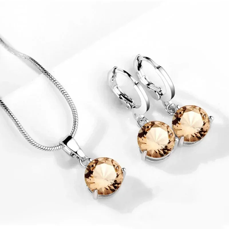 Classic Wedding Jewelry Set For Women Multicolor Zircon Silver Color Earrings Necklace Fashion Gift Jewellery