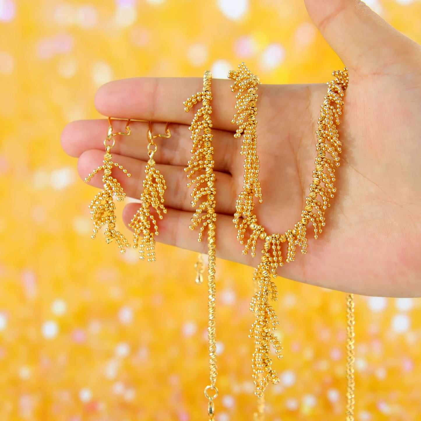 Gold Plated Tassel Wheat Necklace Set 21k Gold Color Saudi Chic Bohemian Choker Italian Women Wedding Party Jewelry