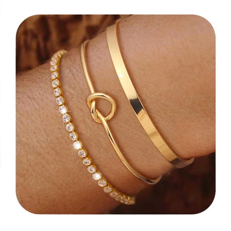 3pcs Stainless Steel Gold Plated Bracelets for Women Adjustable Jewelry Gifts Luxury Zircon Chain Bangles Jewelry Accessories