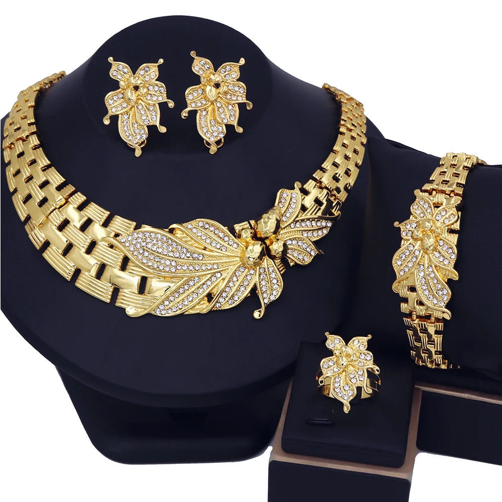 YTJX Wedding Jewelry Set Africal Big Flower Choker Necklace Fine Zircon Bracelet Piercing Earring Ring 18K Gold Plated Jewellery