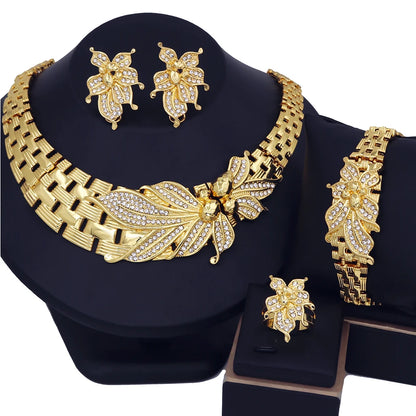 YTJX Wedding Jewelry Set Africal Big Flower Choker Necklace Fine Zircon Bracelet Piercing Earring Ring 18K Gold Plated Jewellery