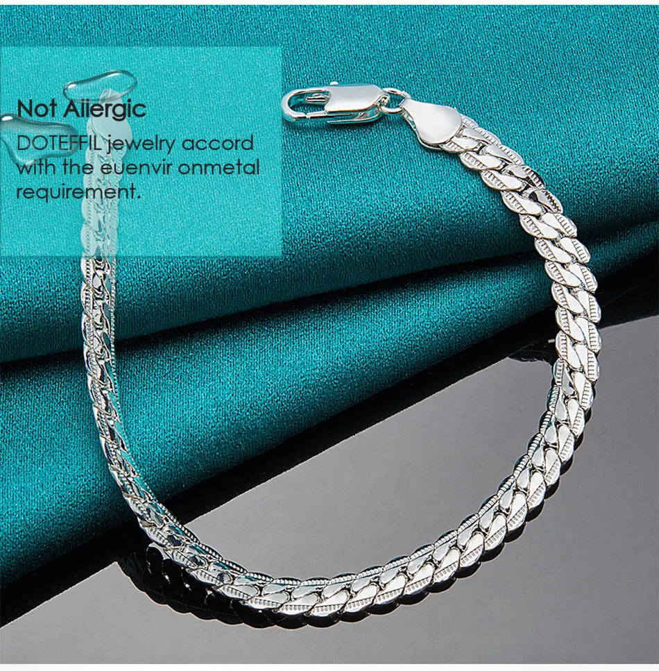 DOTEFFIL 925 Silver Bracelet 6mm 18/19/20cm Flat Side Chain Lobster Clasp For Woman Man Wedding Engagement Jewelry